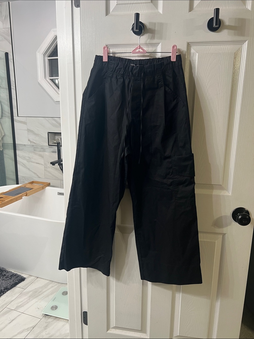 ZARA Black Wide Leg Cargo Pants XS Drawstring Utility Parachute Trousers